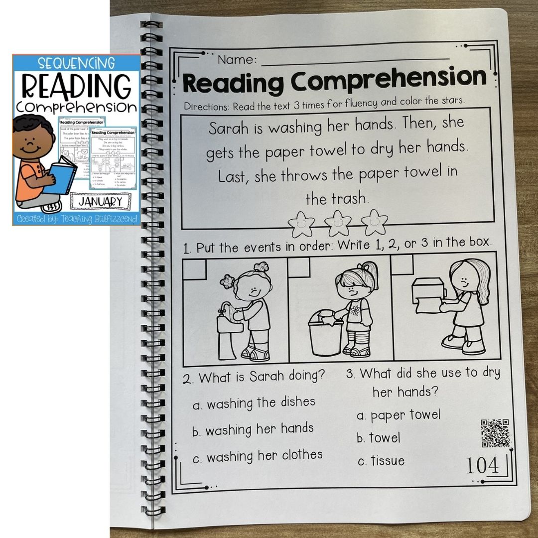 Sequencing Reading Comprehension Workbook | Phonics Reading Practice | Spiral Bound | Primary Students (SINGLES)