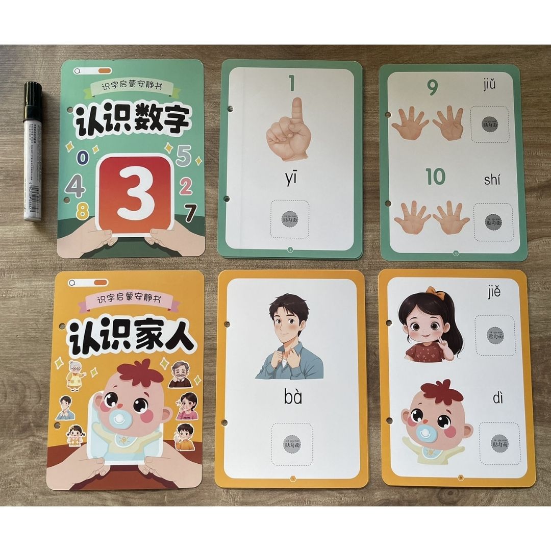 Chinese Quiet / Busy Book (4 pcs. ringbound busy books in 1 set) Numbers, Colors, Family, Animals, Food, Body, Action, Nature