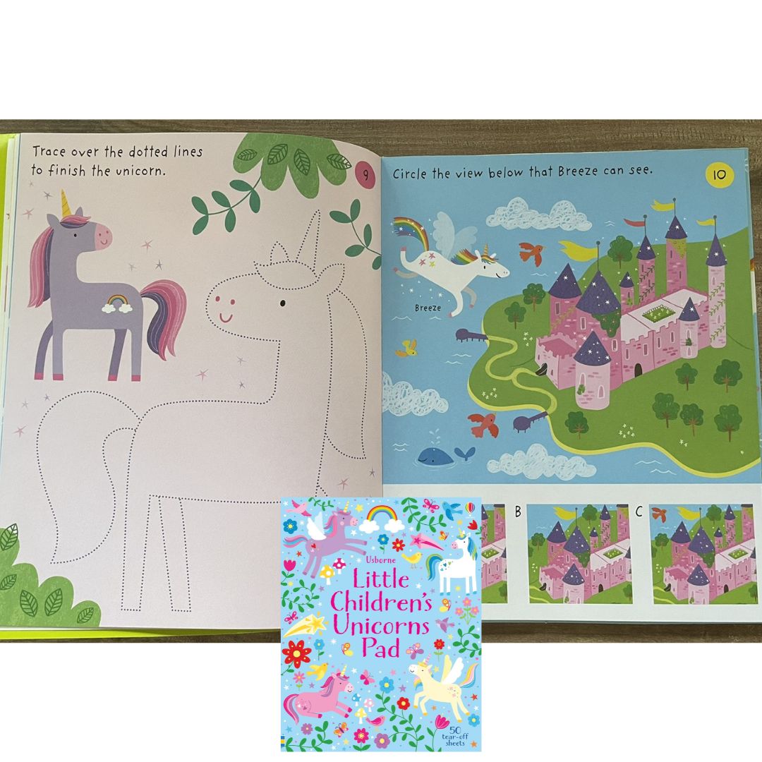 Usborne Little Children's TRAVEL / UNICORNS / PUZZLE Pad (SINGLES) Brand new softcover - with SLIGHT DENTS on book cover