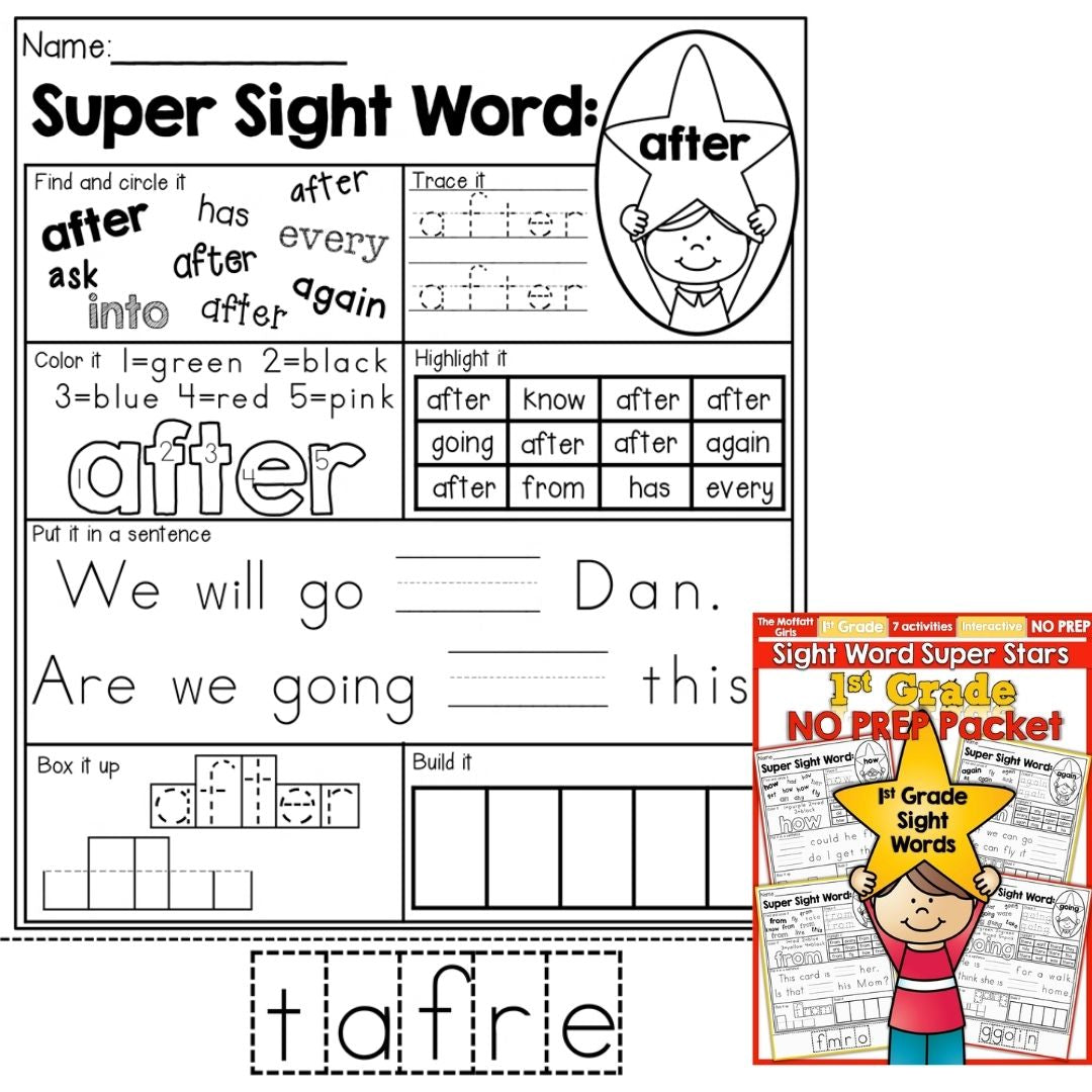 Sight Word Super Stars Reading Fluency Worksheet for Kids Pre-Primer to 3rd Grade (SINGLES)