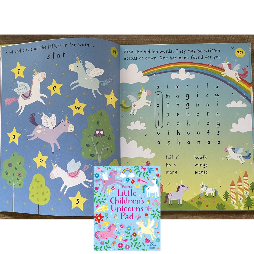 Usborne Little Children's TRAVEL / UNICORNS / PUZZLE Pad (SINGLES) Brand new softcover - with SLIGHT DENTS on book cover