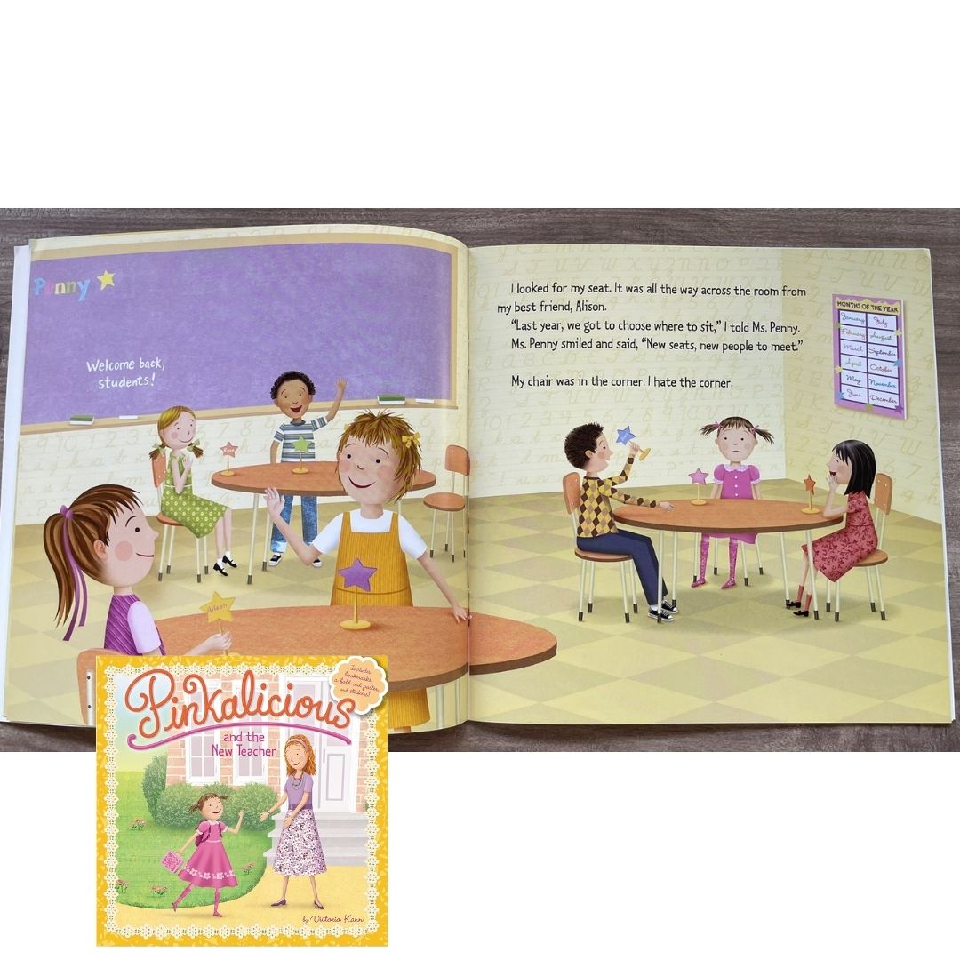 Pinkalicious 4-Book English Story Set (Crazy Hair Day / Tickled Pink / New Teacher / Pink Drink) brand new softcover, no box, with SLIGHT FOLDS