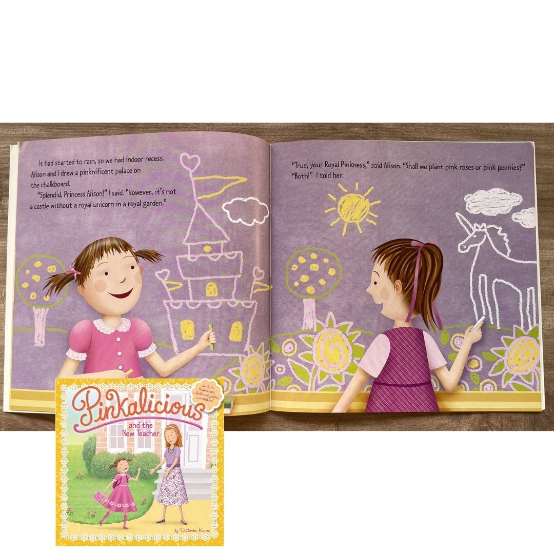 Pinkalicious 4-Book English Story Set (Crazy Hair Day / Tickled Pink / New Teacher / Pink Drink) brand new softcover, no box, with SLIGHT FOLDS