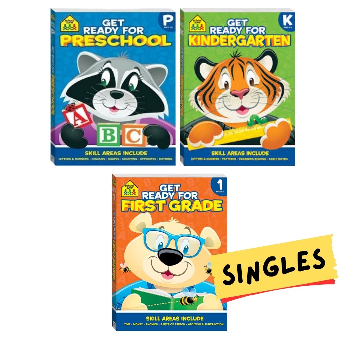 School Zone GET READY for Preschool / Kindergarten / First Grade Workbook (SINGLES) brand new softcover