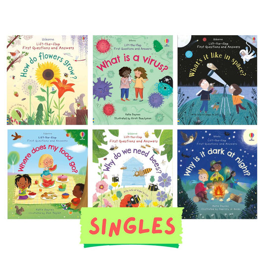 Usborne Lift-the-flap FIRST Questions and Answers (SINGLES, Board Book) How Do Flowers Grow / What is a Virus / What's It Like in Space / Why are there Wars / Why Do We Need Bees / Why Do We Need Trees / Why is it Dark at Night