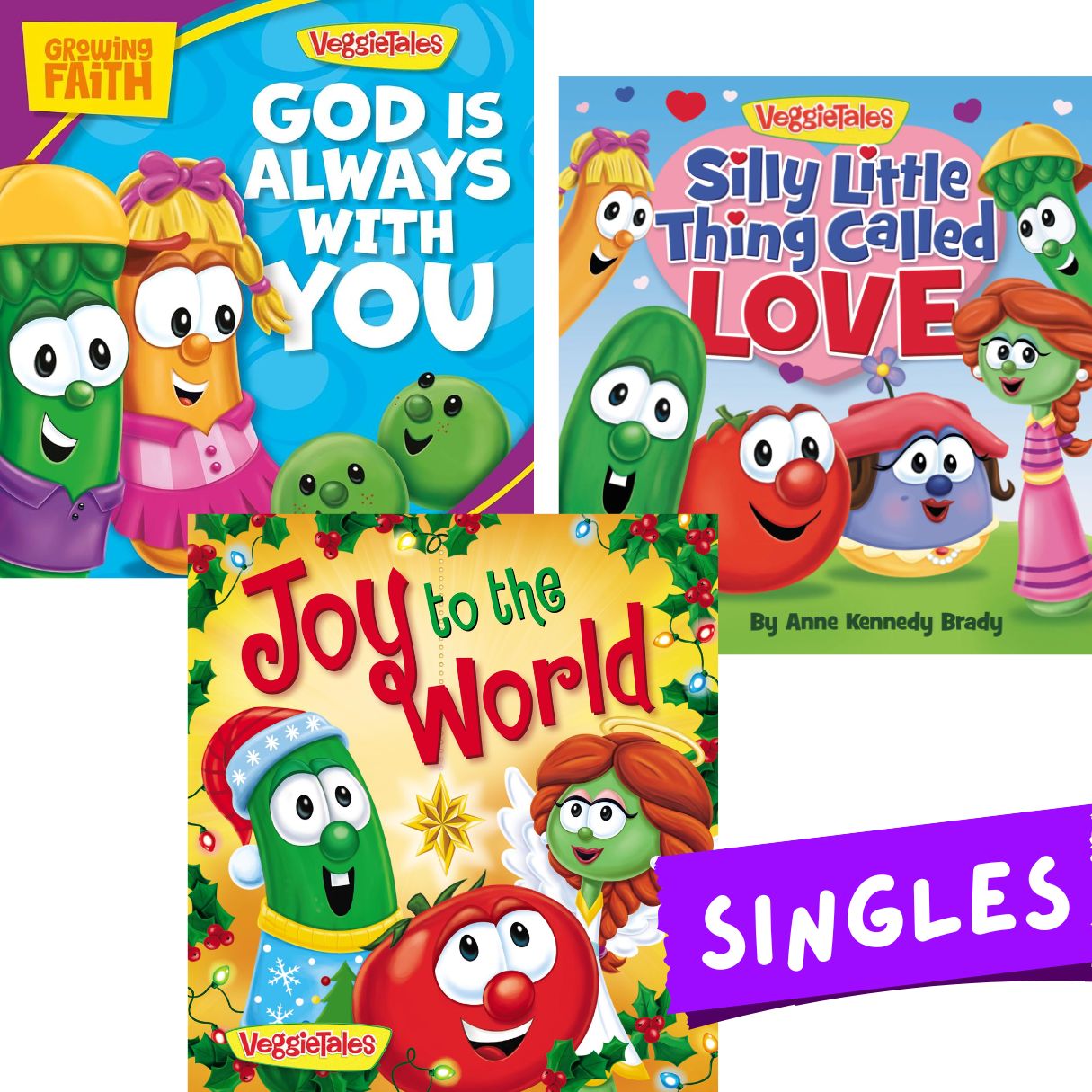VeggieTales - Growing Faith: God Is Always with You / Silly Little Thing Called Love / Joy to the World (SINGLES, brand new Board Book) with SLIGHT DENTS on book cover