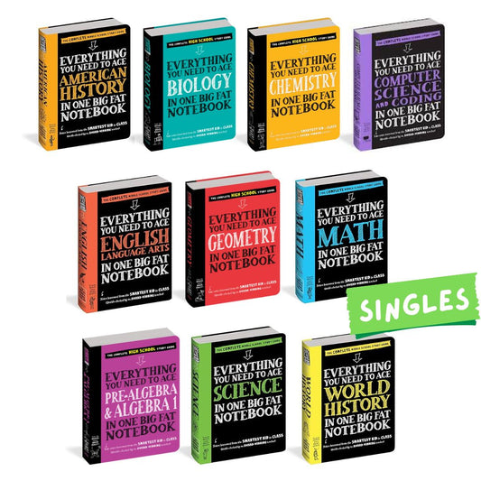 Everything You Need to Ace in One Big Fat Notebook: The Complete Middle School Study Guide (SINGLES) brand new Softcover - Biology/ Chemistry/ Computer Science & Coding/ English Language Arts/ Geometry/ World History/ Math/ Pre-Algebra & Algebra/ Science