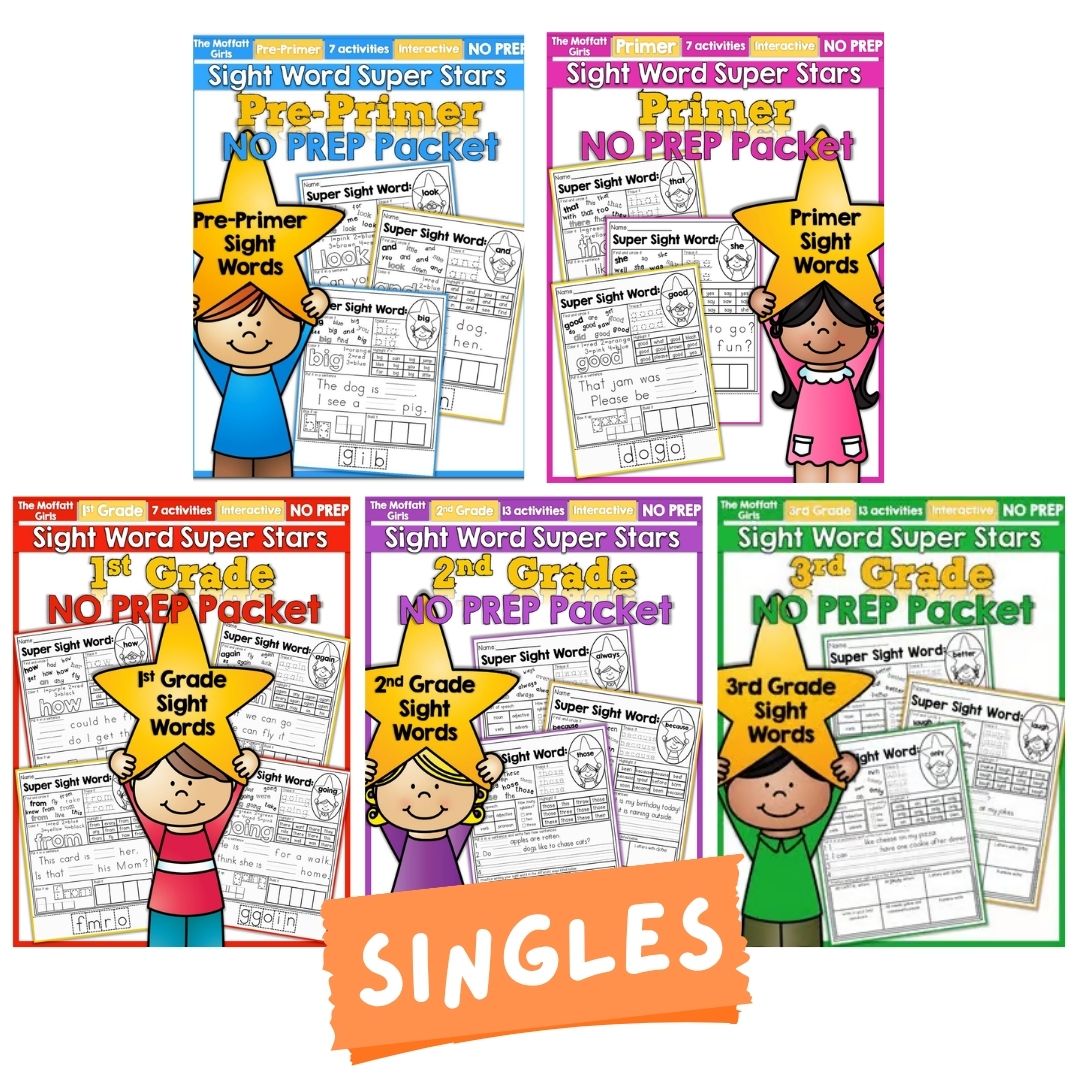 Sight Word Super Stars Reading Fluency Worksheet for Kids Pre-Primer to 3rd Grade (SINGLES)