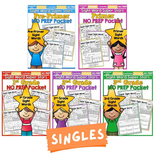 Sight Word Super Stars Reading Fluency Worksheet for Kids Pre-Primer to 3rd Grade (SINGLES)