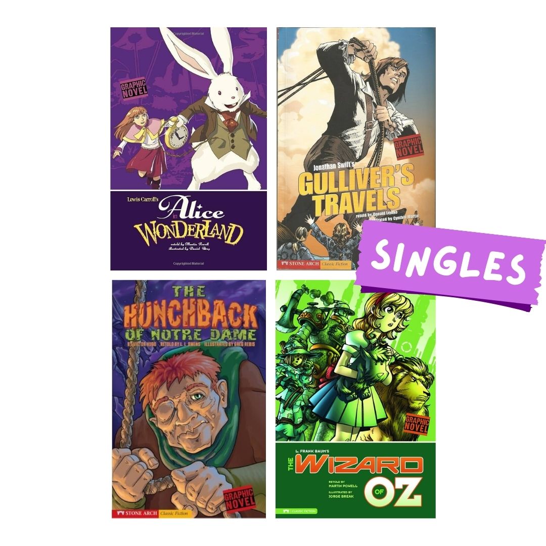 Classic Fiction Graphic Novel (SINGLES) (Alice in Wonderland / Gulliver's Travels / The Hunchback of Notre Dame / The Wizard of Oz) brand new softcover, with SLIGHT TEARS/DENTS/FOLDS on book cover