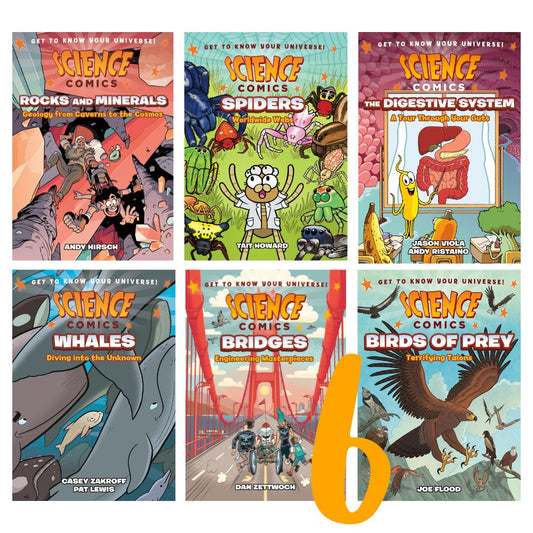 Science Comics (6 books, softcover, no box) (Rocks and Minerals / Spiders / The Digestive System / Whales / Bridges / Birds of Prey)