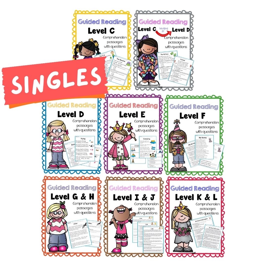 English Reading Comprehension & Phonics Worksheets / Workbook for Kids | Guided Reading Levels C–L | School-Recommended Early Literacy Practice (SINGLES)