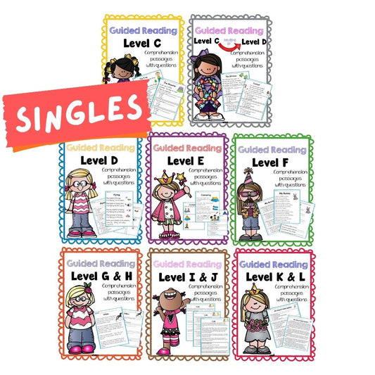 English Reading Comprehension & Phonics Worksheets / Workbook for Kids | Guided Reading Levels C–L | School-Recommended Early Literacy Practice (SINGLES)