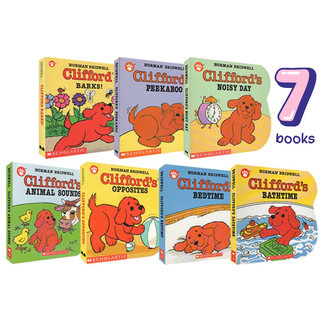 Clifford (7 pcs board books) ANIMAL SOUNDS / BARKS / BATHTIME / BEDTIME / NOISY DAY / OPPOSITES / PEEKABOO (brand new, with SLIGHT DENTS on book cover)