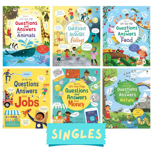 Usborne Lift-the-flap Questions and Answers About (SINGLES, brand new Board Book, w/ SLIGHT DENTS on book cover) Animals / Body / Feelings / Food / Jobs / Money / Nature