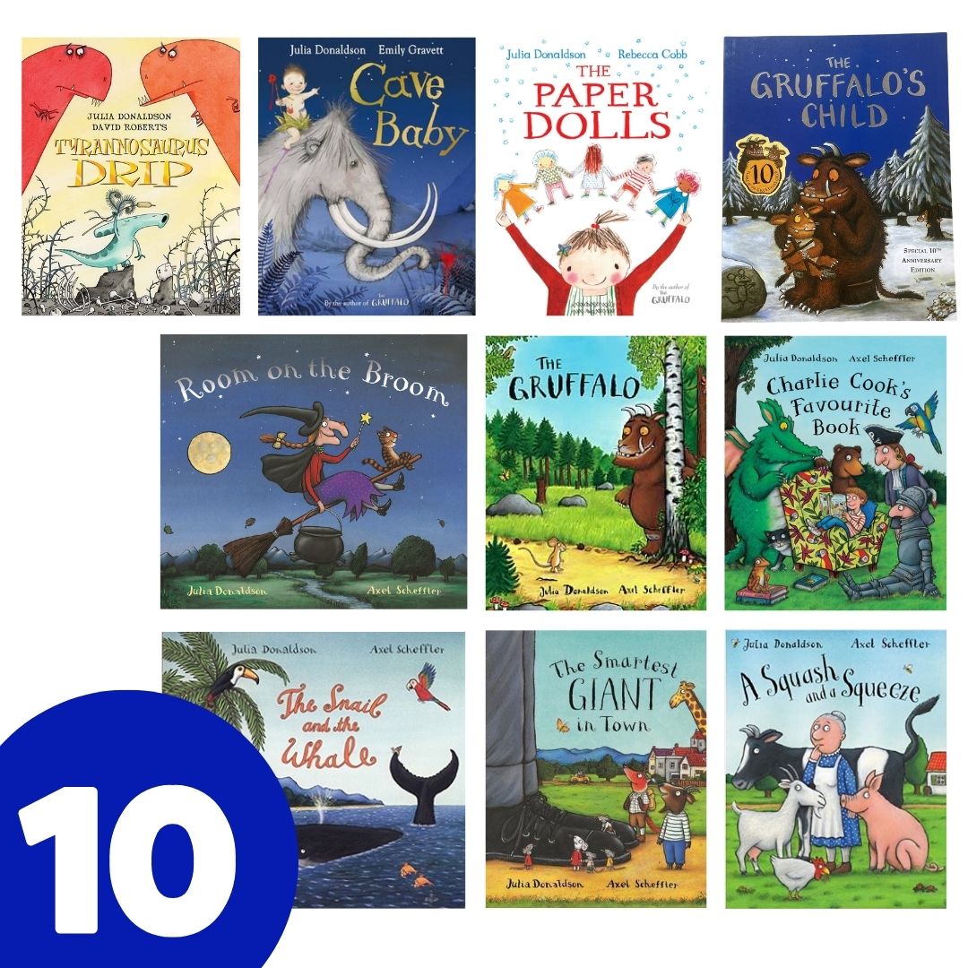 Julia Donaldson Set of 10 Books (NO BOX - Brand new softcover - sold as set of 10 books) - Gruffalo, Room on the Broom, Charlie Cook, Smartest Giant in Town, A Squash and a Squeeze