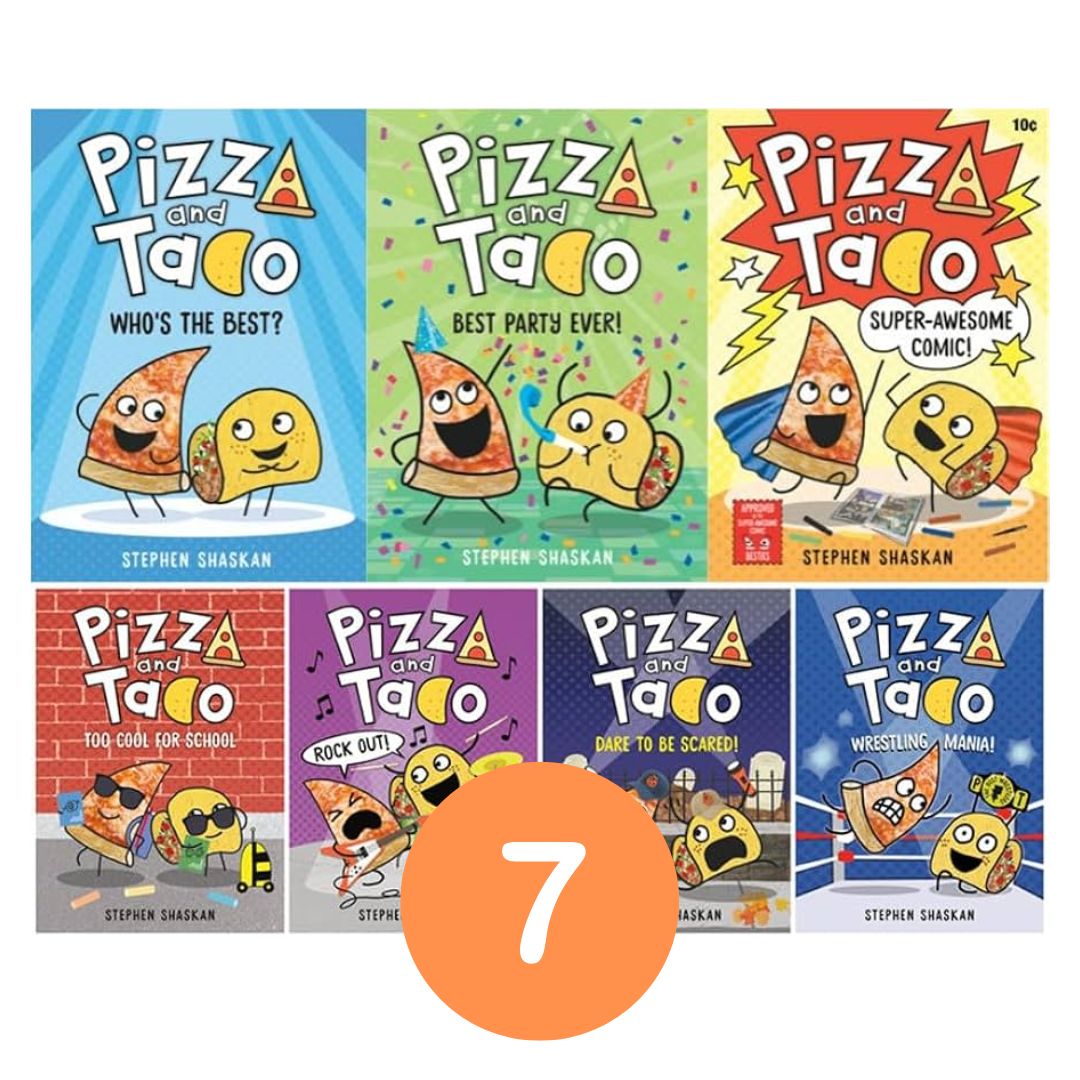 Pizza and Taco, Graphic Novel Series (7 Books) brand new hardcover, no box, with SLIGHT DENTS on book cover