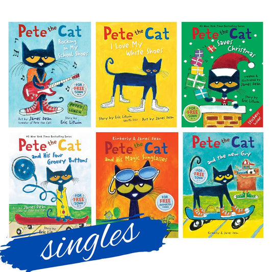 PETE THE CAT: I Love My White Shoes, Rocking in My School Shoes, Saves Christmas, Four Groovy Buttons, Magic Sunglasses, the New Guy and other stories (SINGLES) brand new softcover
