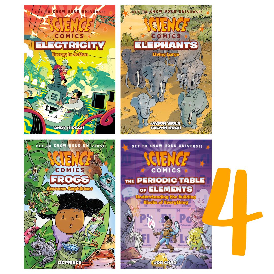 Science Comics (4 books, softcover, no box) (Electricity / Elephants / Frogs / The Periodic Table of Elements)