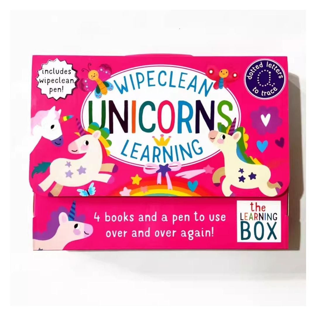 UNICORNS Wipeclean / Wipe Clean The Learning Box Set (4 activity books & 1 erasable pen) BOX with SLIGHT DENTS