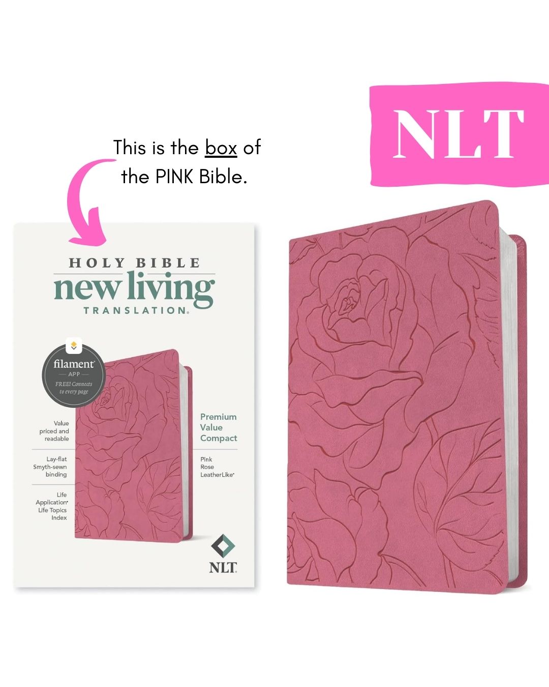 New Living Translation (NLT) Premium Value Compact Bible, Filament Enabled Edition (Pink Rose, Leatherlike, Old and New Testaments) Slipcase with slight tears and folds, book no damage