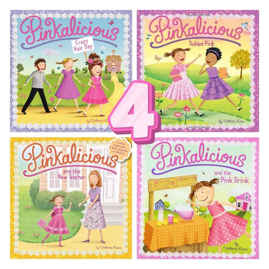 Pinkalicious 4-Book English Story Set (Crazy Hair Day / Tickled Pink / New Teacher / Pink Drink) brand new softcover, no box, with SLIGHT FOLDS