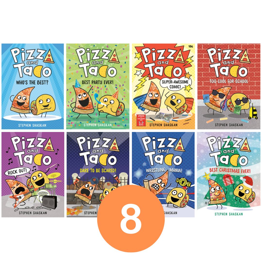 Pizza and Taco, Graphic Novel Series (8 Books) brand new hardcover, no box, with SLIGHT DENTS on book cover