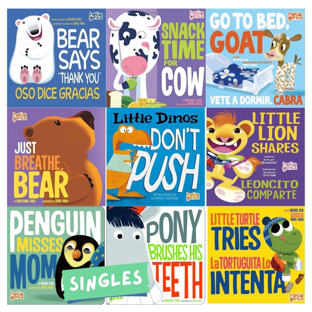 Hello Genius BOARD BOOKS (SINGLES) Little Dinos Don't Push / Just Breathe Bear / Little Lion Shares etc (book covers with SLIGHT DENTS)