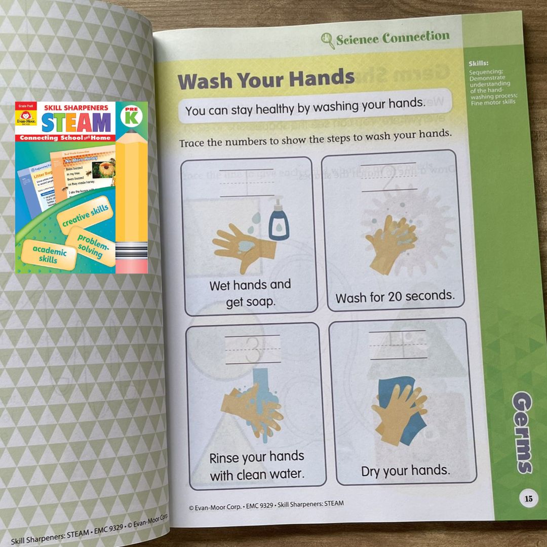 Evan Moor Skill Sharpener Workbook: STEAM (PRE-Kinder) brand new softcover, with SLIGHT FOLDS