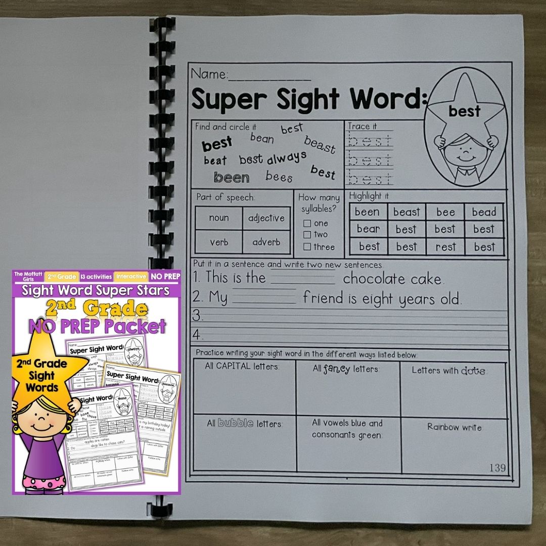 Sight Word Super Stars Reading Fluency Worksheet for Kids Pre-Primer to 3rd Grade (SINGLES)
