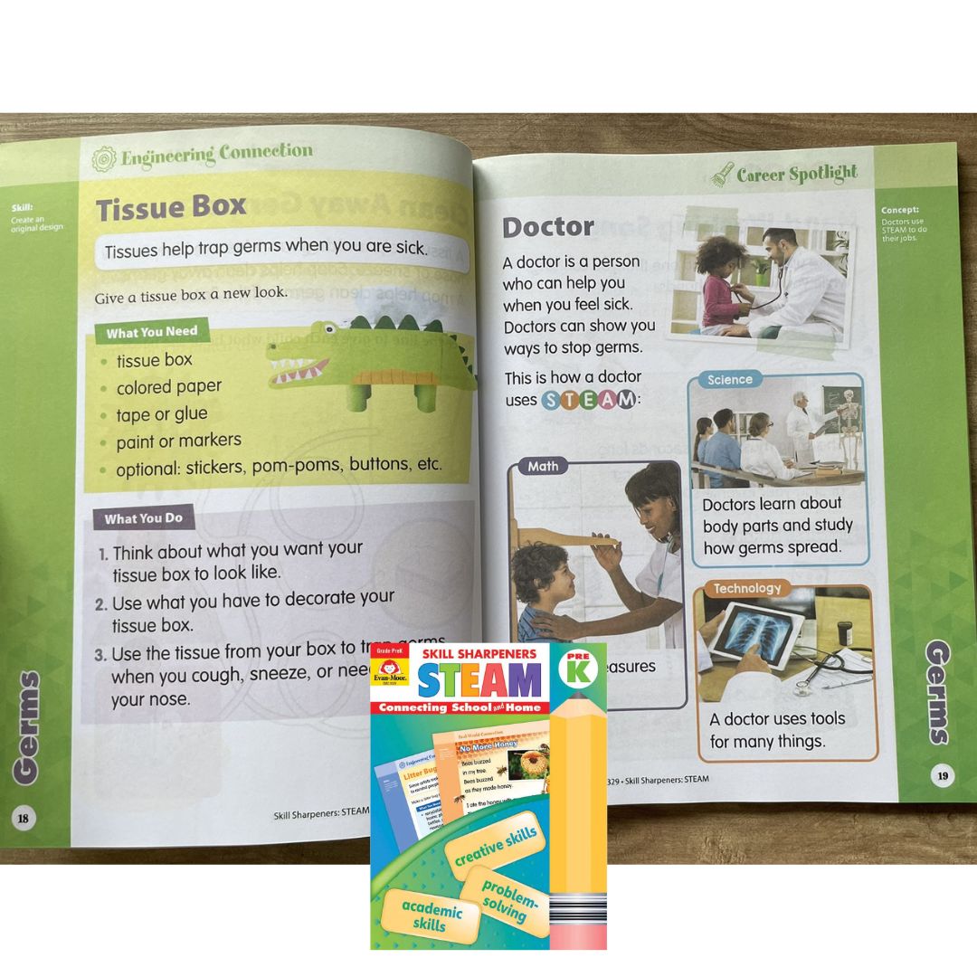Evan Moor Skill Sharpener Workbook: STEAM (PRE-Kinder) brand new softcover, with SLIGHT FOLDS