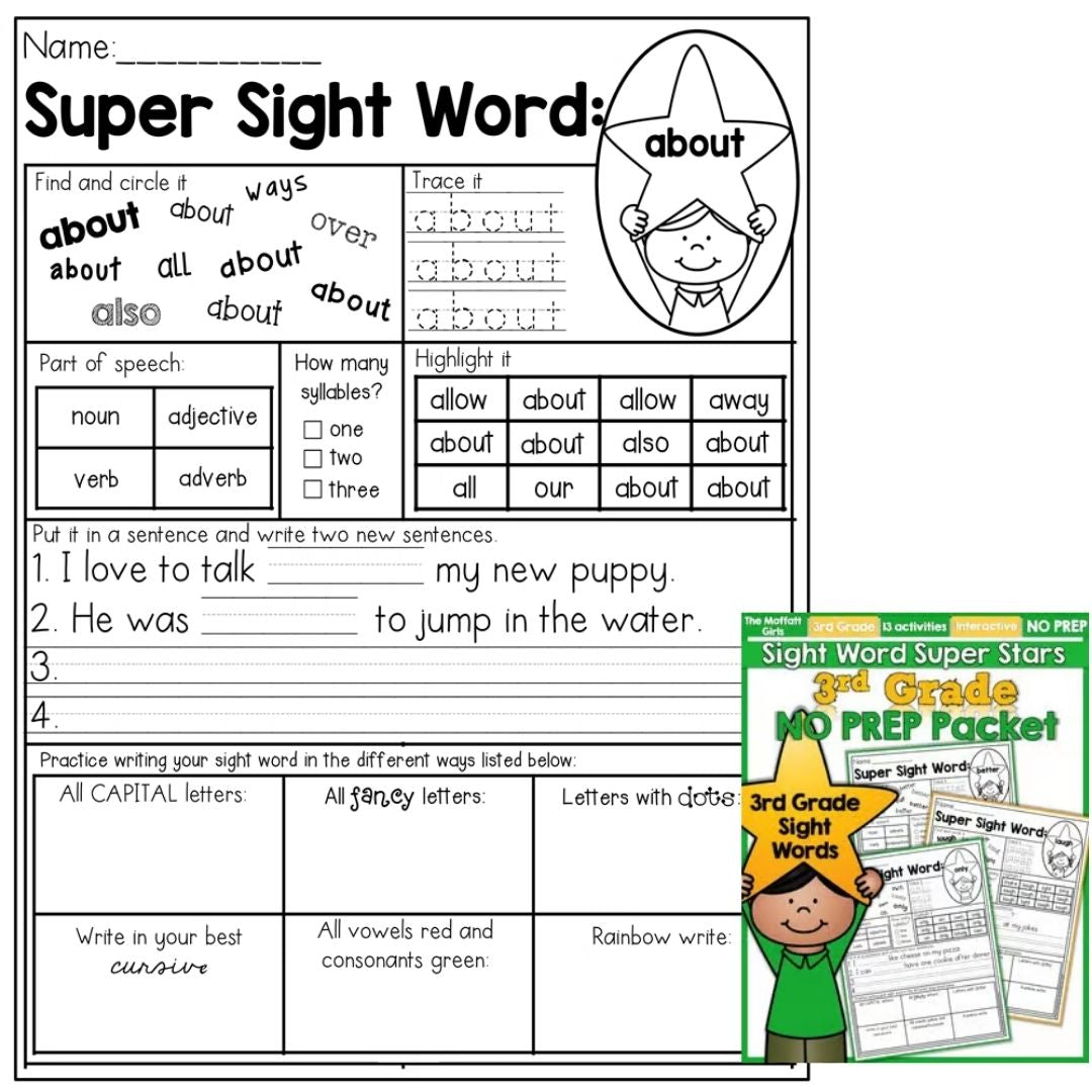 Sight Word Super Stars Reading Fluency Worksheet for Kids Pre-Primer to 3rd Grade (SINGLES)