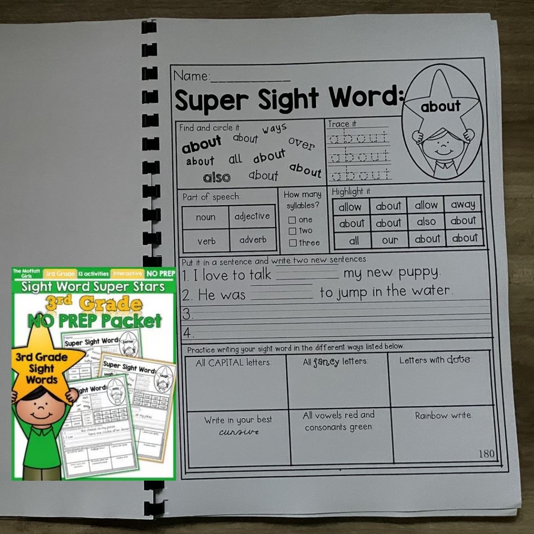 Sight Word Super Stars Reading Fluency Worksheet for Kids Pre-Primer to 3rd Grade (SINGLES)