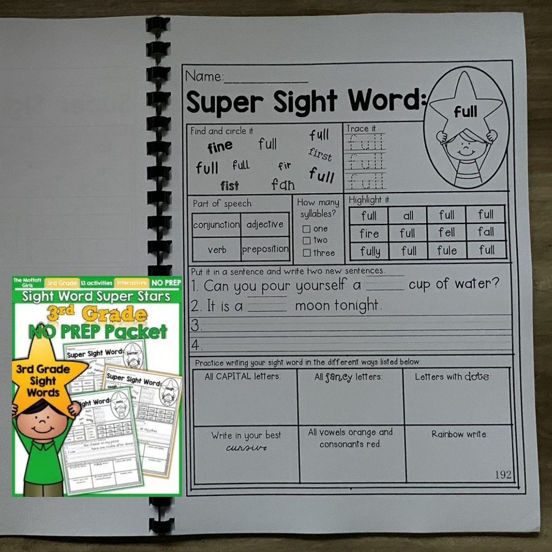 Sight Word Super Stars Reading Fluency Worksheet for Kids Pre-Primer to 3rd Grade (SINGLES)