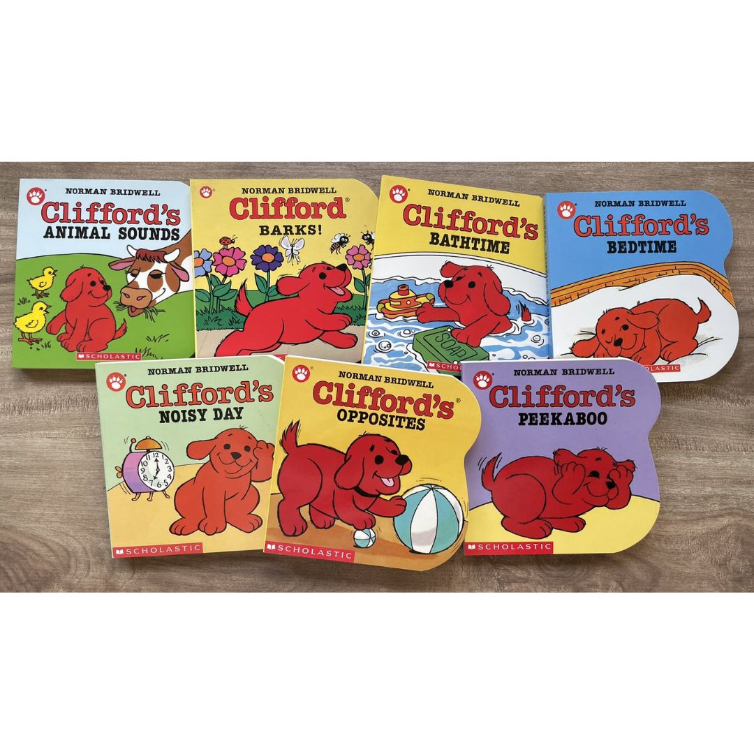 Clifford (7 pcs board books) ANIMAL SOUNDS / BARKS / BATHTIME / BEDTIME / NOISY DAY / OPPOSITES / PEEKABOO (brand new, with SLIGHT DENTS on book cover)