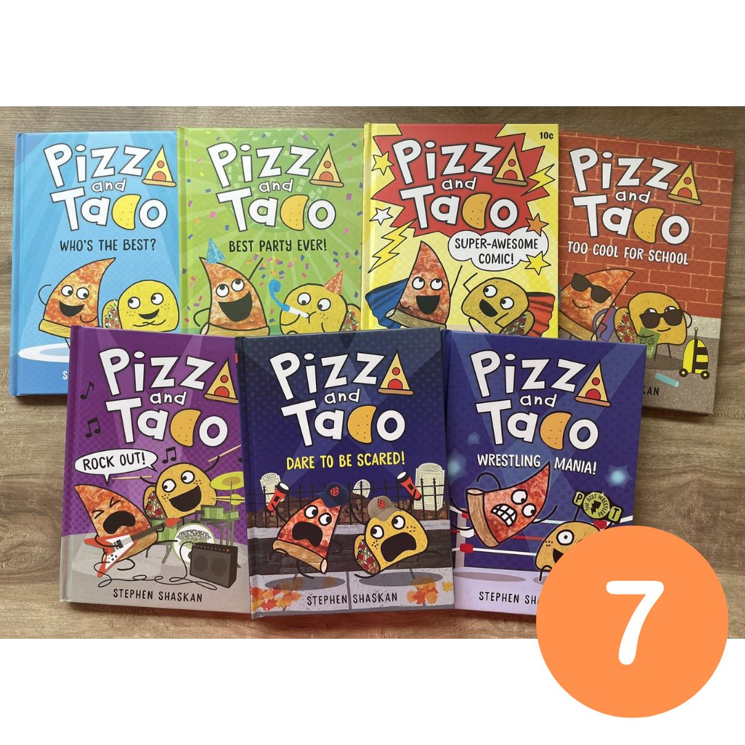 Pizza and Taco, Graphic Novel Series (7 Books) brand new hardcover, no box, with SLIGHT DENTS on book cover