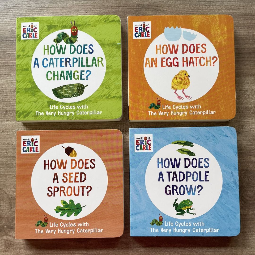 World of Eric Carle: Life Cycles with The Very Hungry Caterpillar (SINGLES, brand new Board Book, with SLIGHT DENTS on book cover) (How Does a Caterpillar Change / How Does an Egg Hatch / How Does a Tadpole Grow / How Does a Seed Sprout)