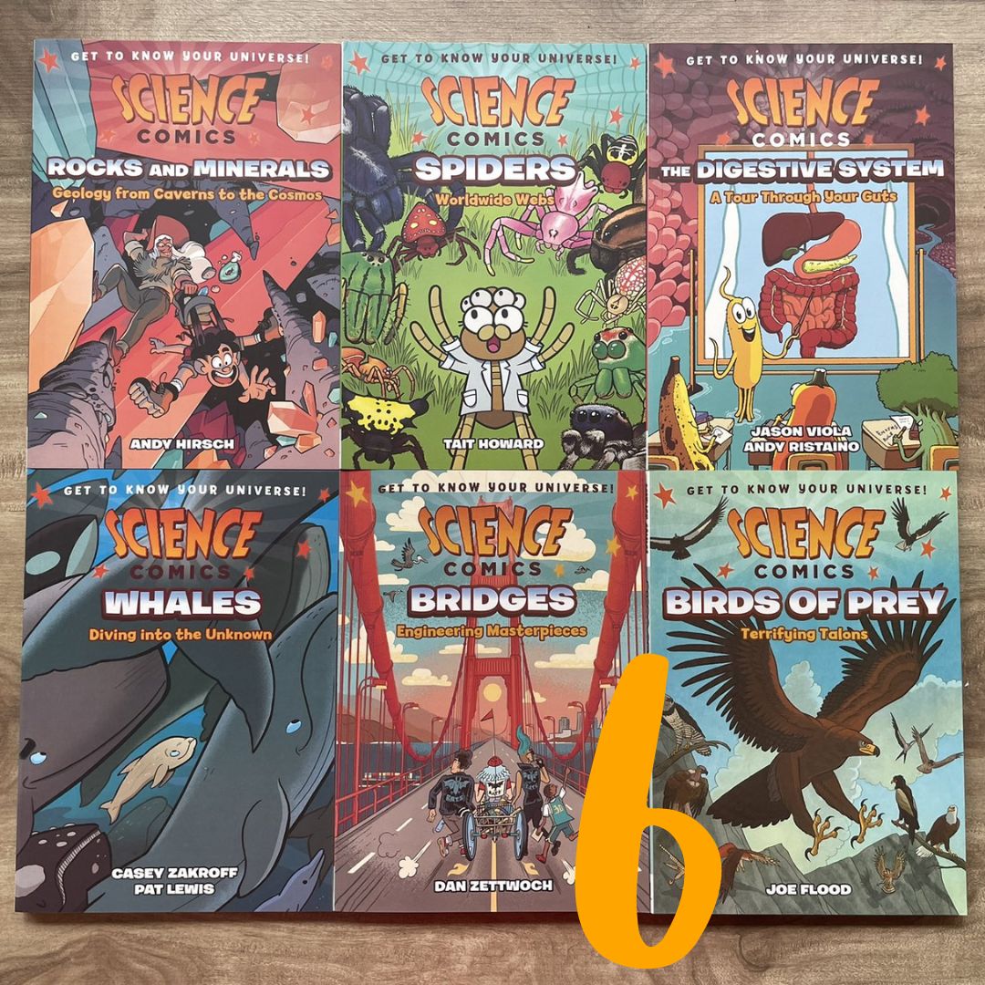 Science Comics (6 books, softcover, no box) (Rocks and Minerals / Spiders / The Digestive System / Whales / Bridges / Birds of Prey)