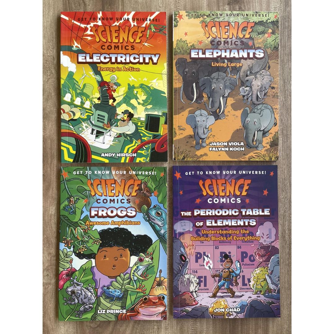 Science Comics (4 books, softcover, no box) (Electricity / Elephants / Frogs / The Periodic Table of Elements)