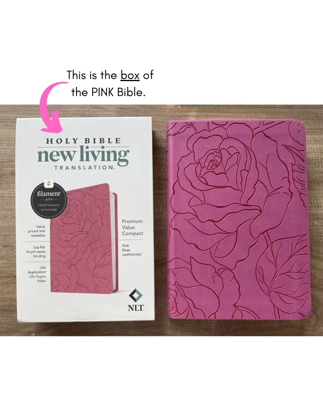 New Living Translation (NLT) Premium Value Compact Bible, Filament Enabled Edition (Pink Rose, Leatherlike, Old and New Testaments) Slipcase with slight tears and folds, book no damage