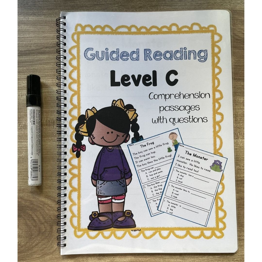 English Reading Comprehension & Phonics Worksheets / Workbook for Kids | Guided Reading Levels C–L | School-Recommended Early Literacy Practice (SINGLES)