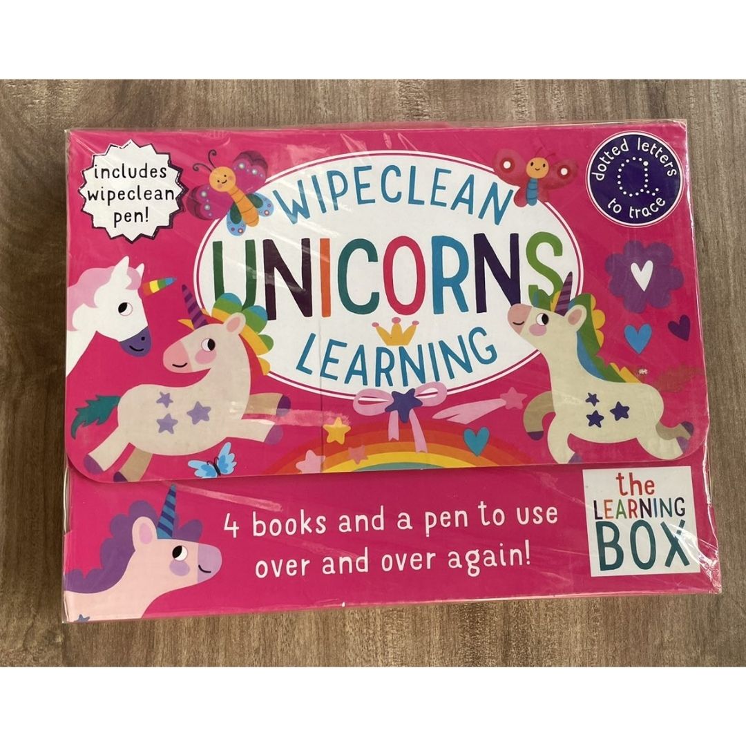 UNICORNS Wipeclean / Wipe Clean The Learning Box Set (4 activity books & 1 erasable pen) BOX with SLIGHT DENTS