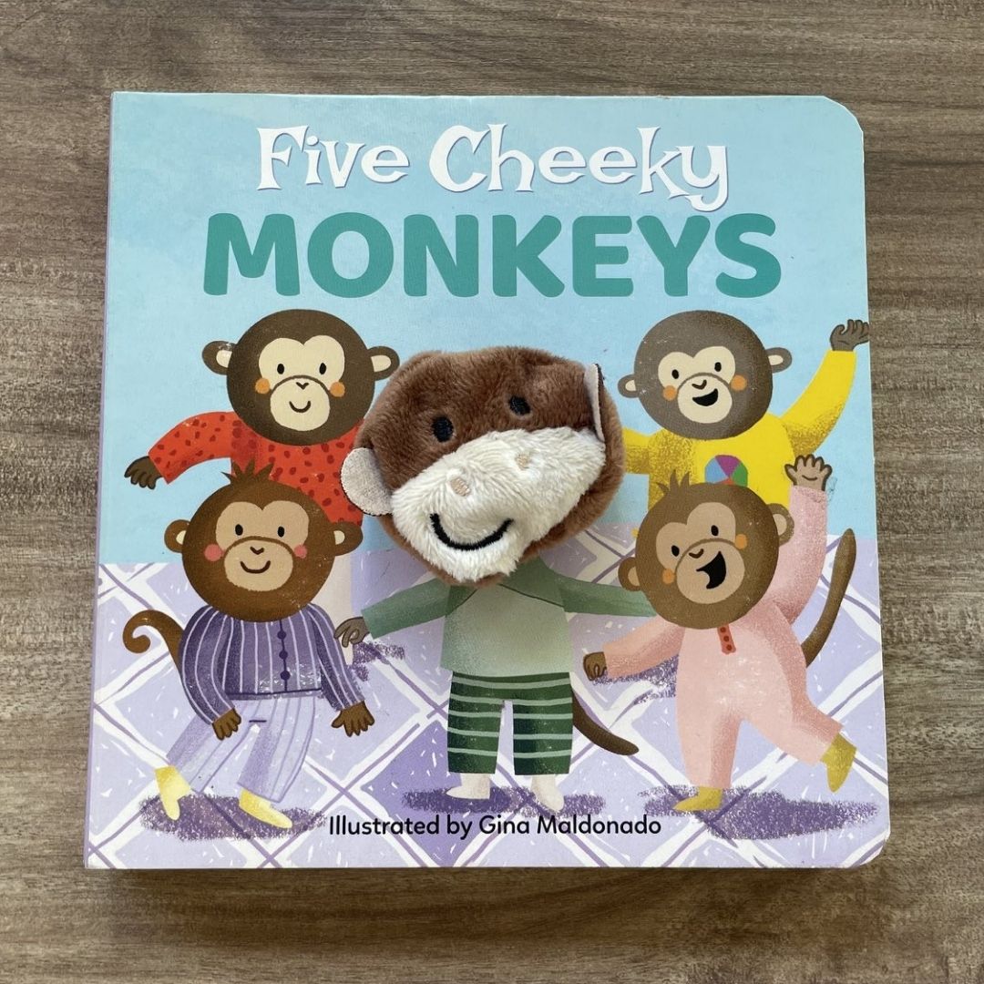 Five Cheeky Monkeys: Nursery Rhyme Finger Puppet Board Book (brand new, with SLIGHT DENTS on book cover)