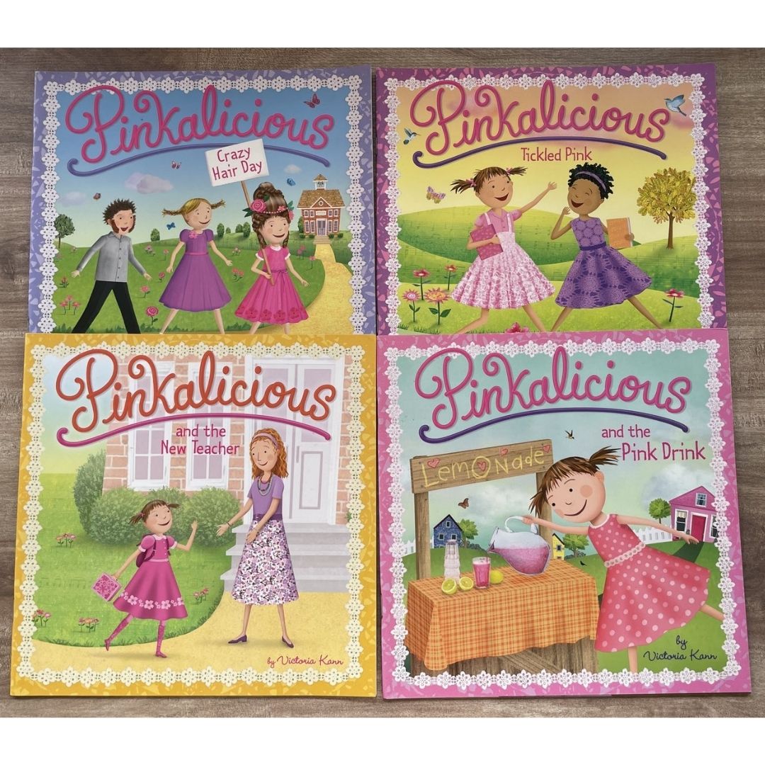 Pinkalicious 4-Book English Story Set (Crazy Hair Day / Tickled Pink / New Teacher / Pink Drink) brand new softcover, no box, with SLIGHT FOLDS