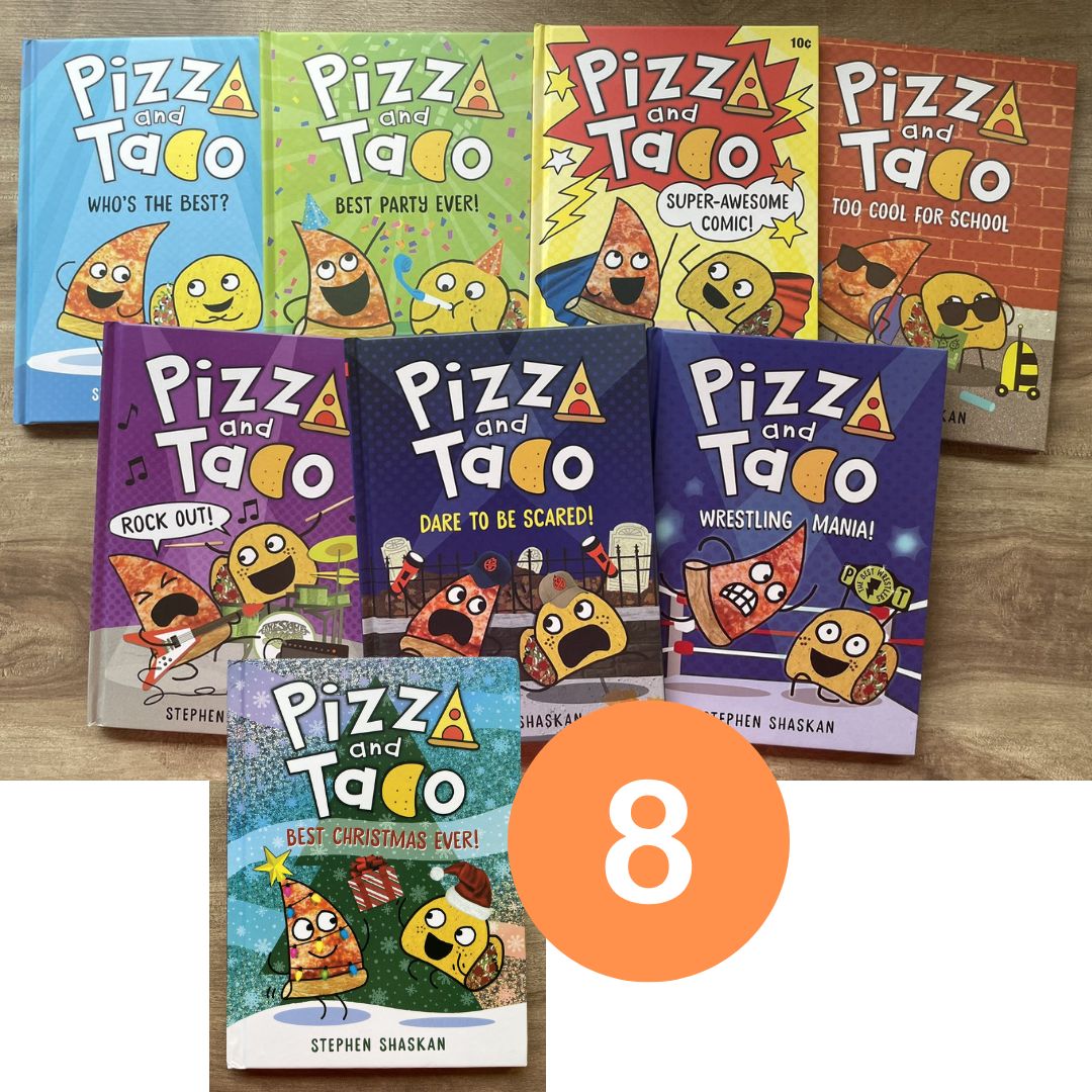 Pizza and Taco, Graphic Novel Series (8 Books) brand new hardcover, no box, with SLIGHT DENTS on book cover
