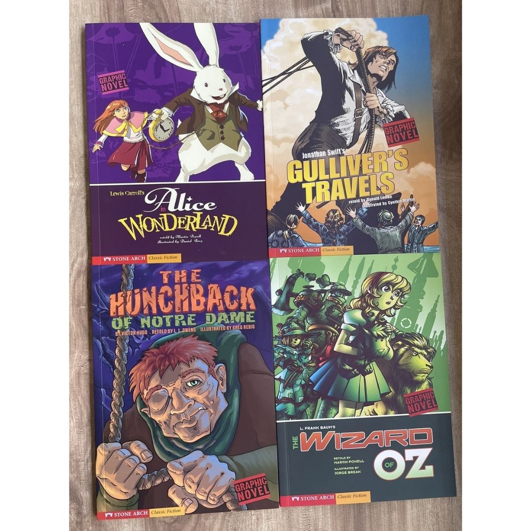 Classic Fiction Graphic Novel (SINGLES) (Alice in Wonderland / Gulliver's Travels / The Hunchback of Notre Dame / The Wizard of Oz) brand new softcover, with SLIGHT TEARS/DENTS/FOLDS on book cover