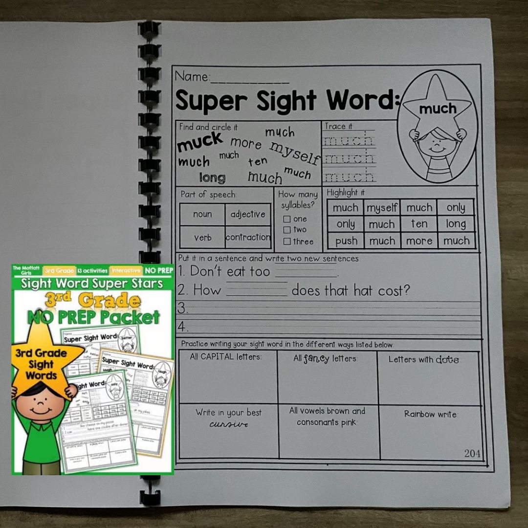Sight Word Super Stars Reading Fluency Worksheet for Kids Pre-Primer to 3rd Grade (SINGLES)