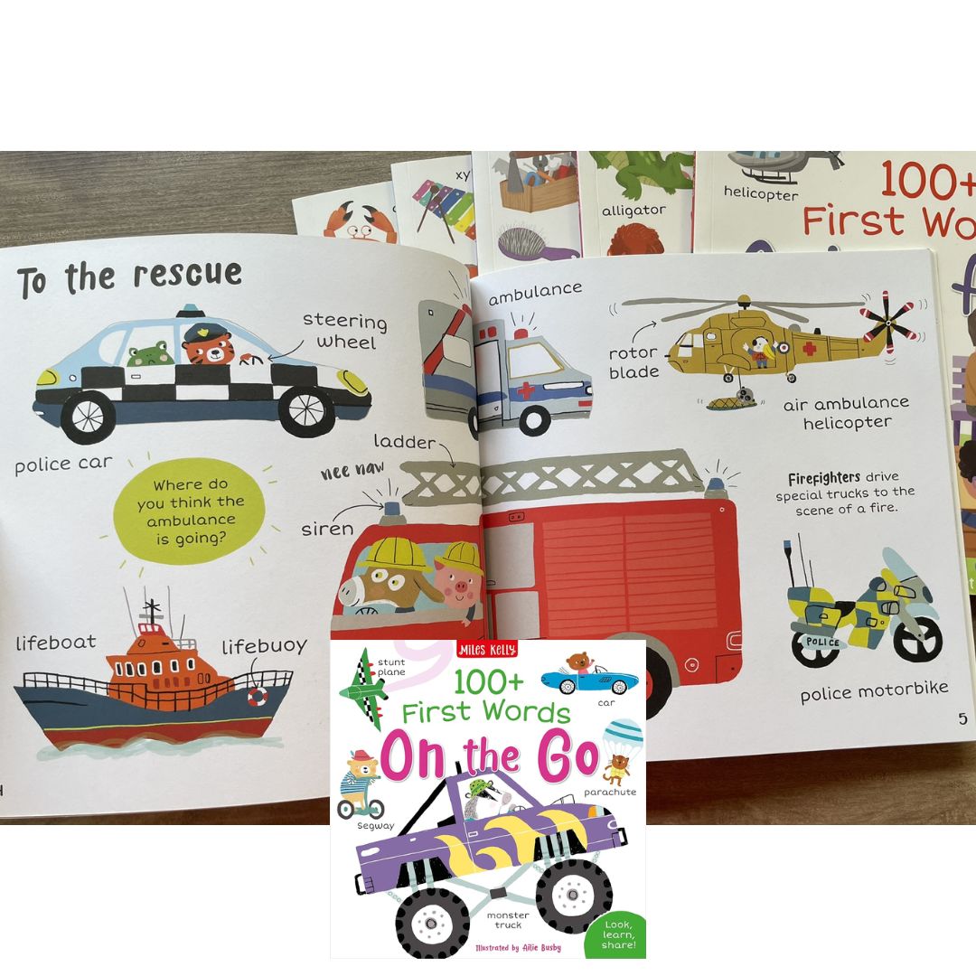 Miles Kelly 100+ FIRST WORDS (SINGLES, brand new softcover) Animals / Home / School / In the Sea / On the Go / Out and About