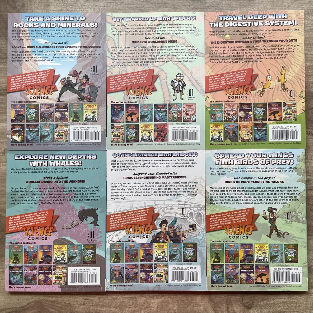 Science Comics (6 books, softcover, no box) (Rocks and Minerals / Spiders / The Digestive System / Whales / Bridges / Birds of Prey)