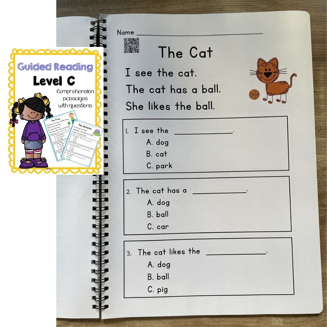 English Reading Comprehension & Phonics Worksheets / Workbook for Kids | Guided Reading Levels C–L | School-Recommended Early Literacy Practice (SINGLES)